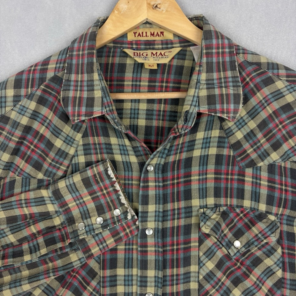 Vintage Big Mac Flannel Pearl Snap Shirt Men’s XLT Green Plaid Made In USA Work